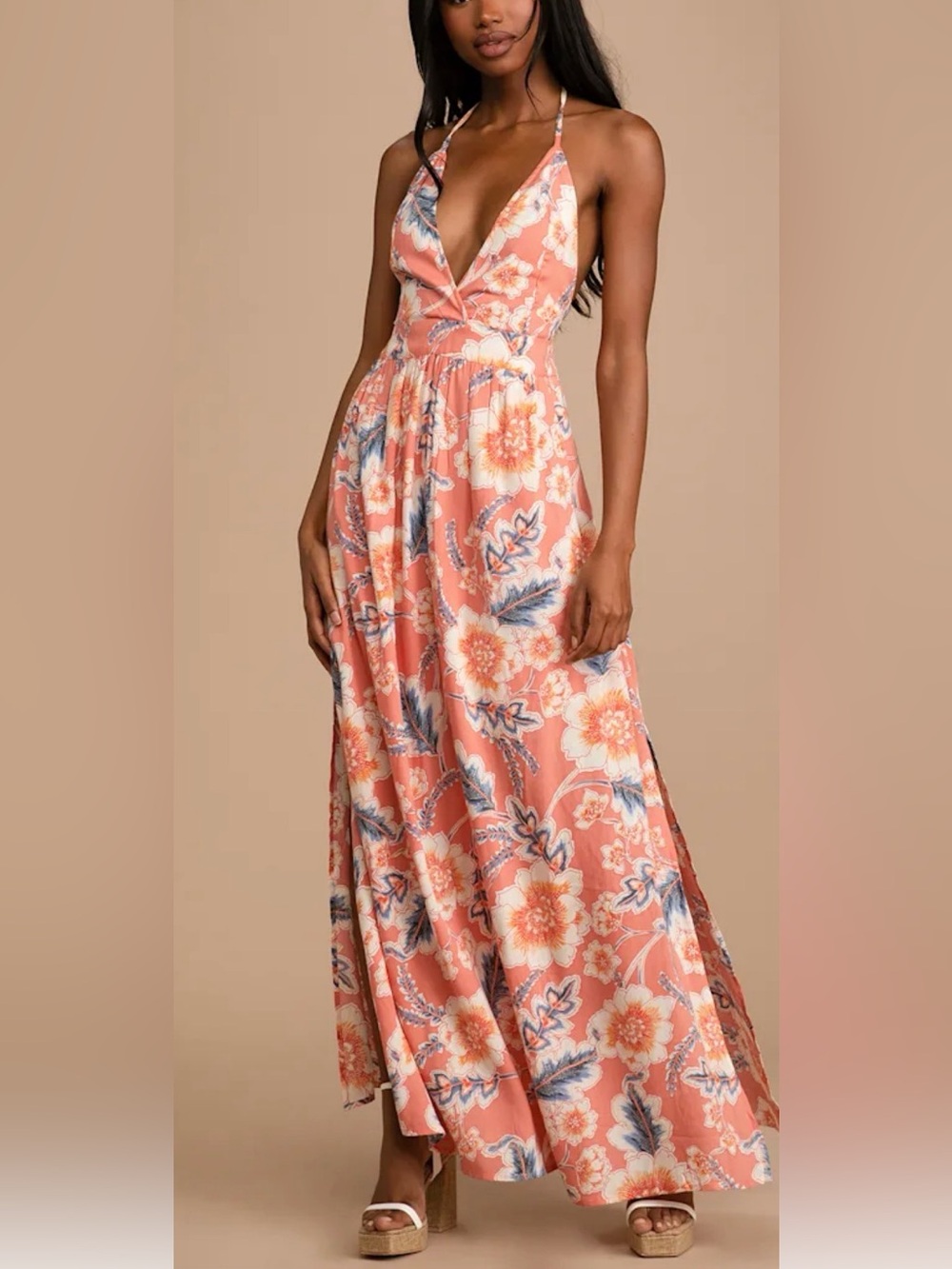 O'Neill Coral Floral Maxi Halter Dress with Tassel Accents Open Back Size XL NEW